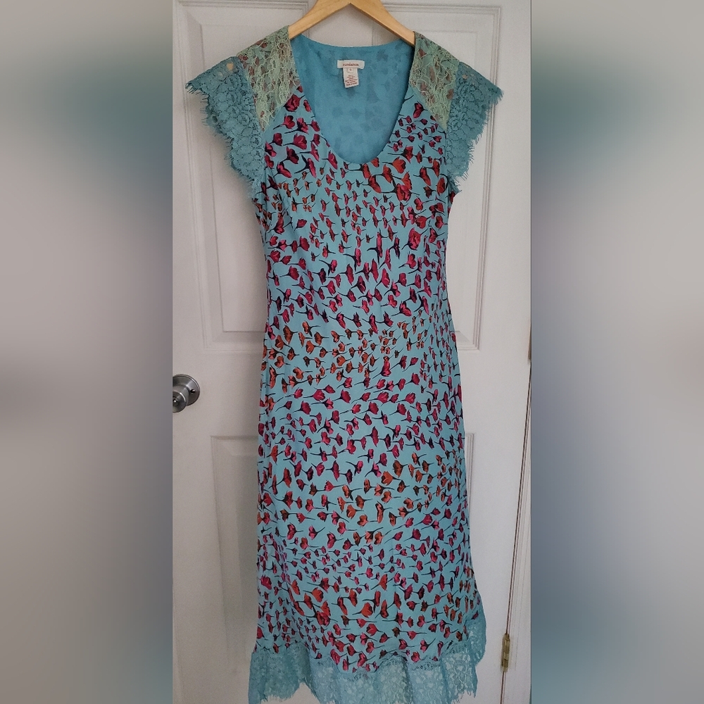Sundance 100% Silk Dress Polyester Lined Sz 6 Midi Cap Sleeve Poppy Print Lace